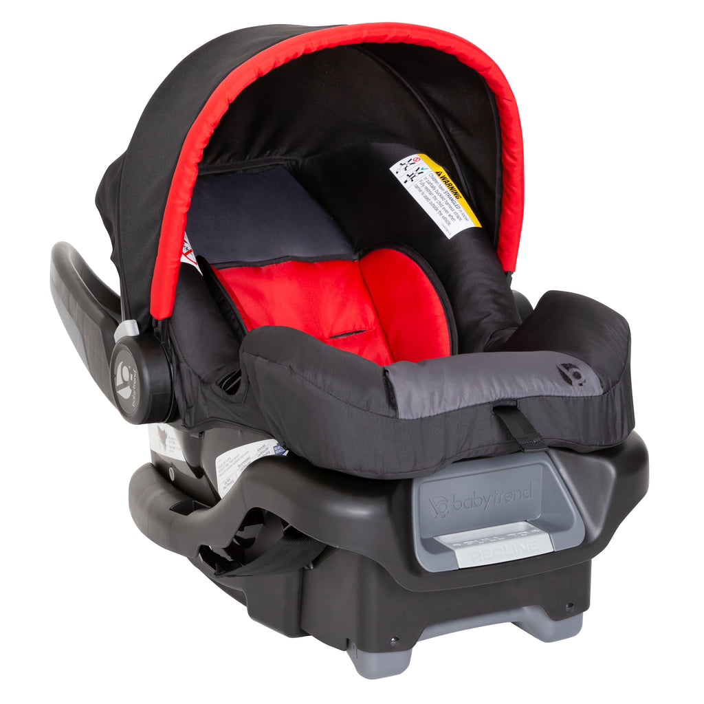 red car seat and stroller