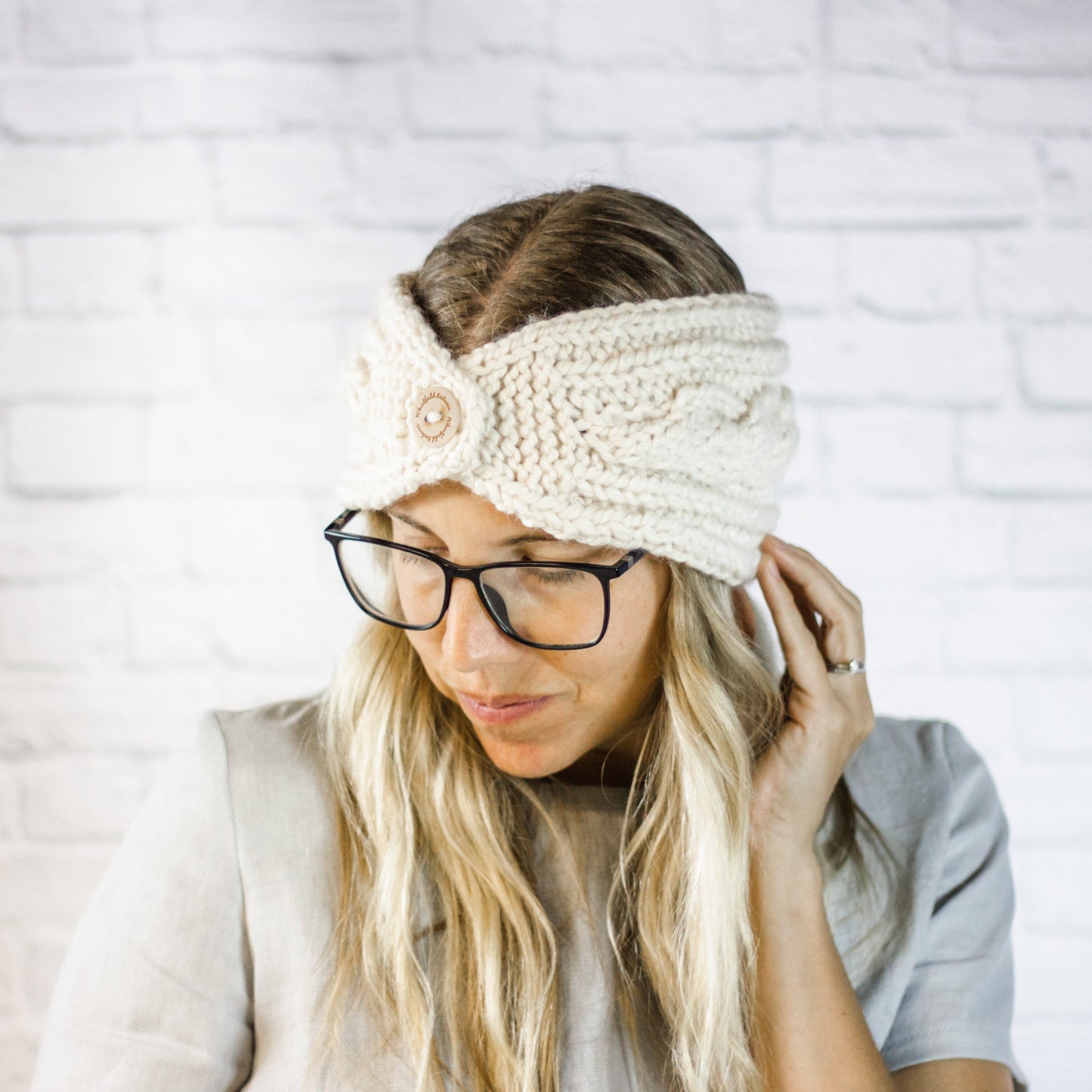 Cream Extra Wide Cable Knit Headband, Chunky Knit Winter Headband with Button