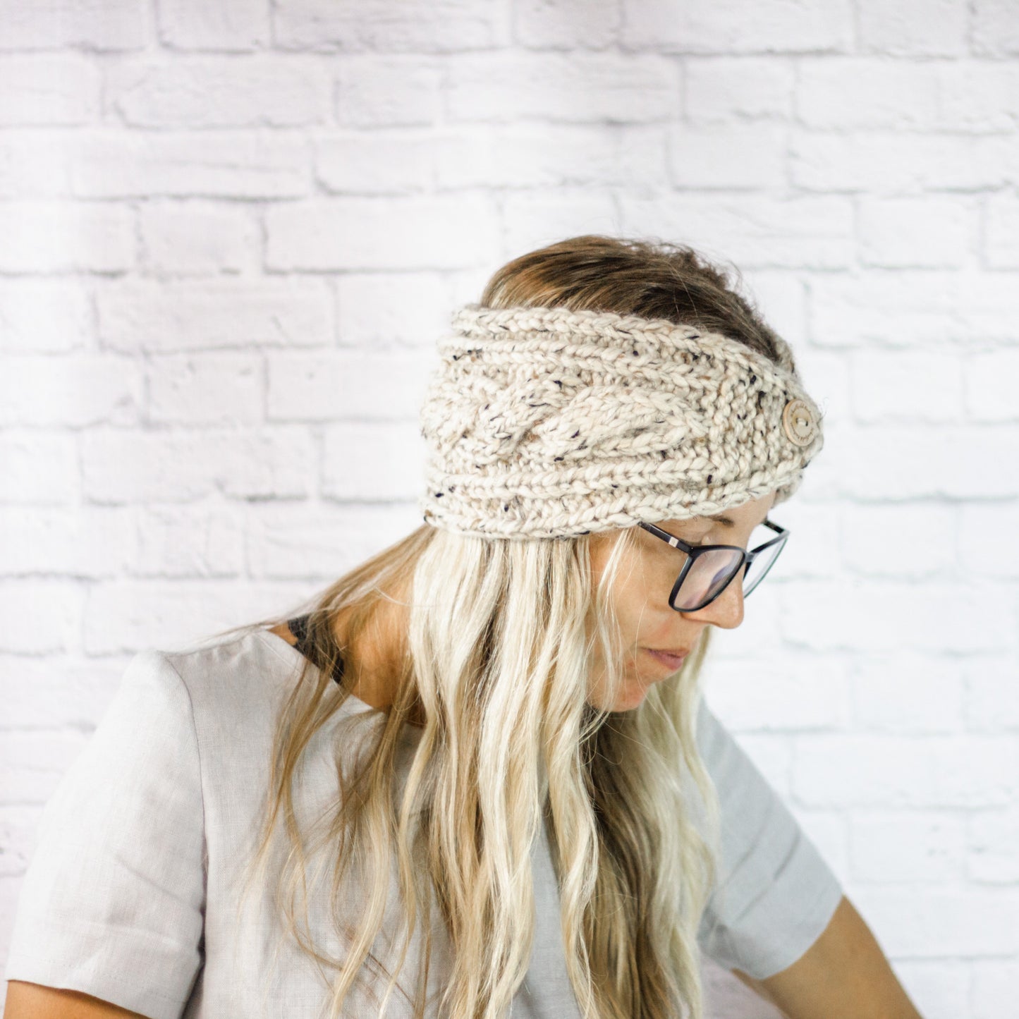 Ladies Extra Wide Knit Cabled Button Ear Warmer Headband in Oatmeal