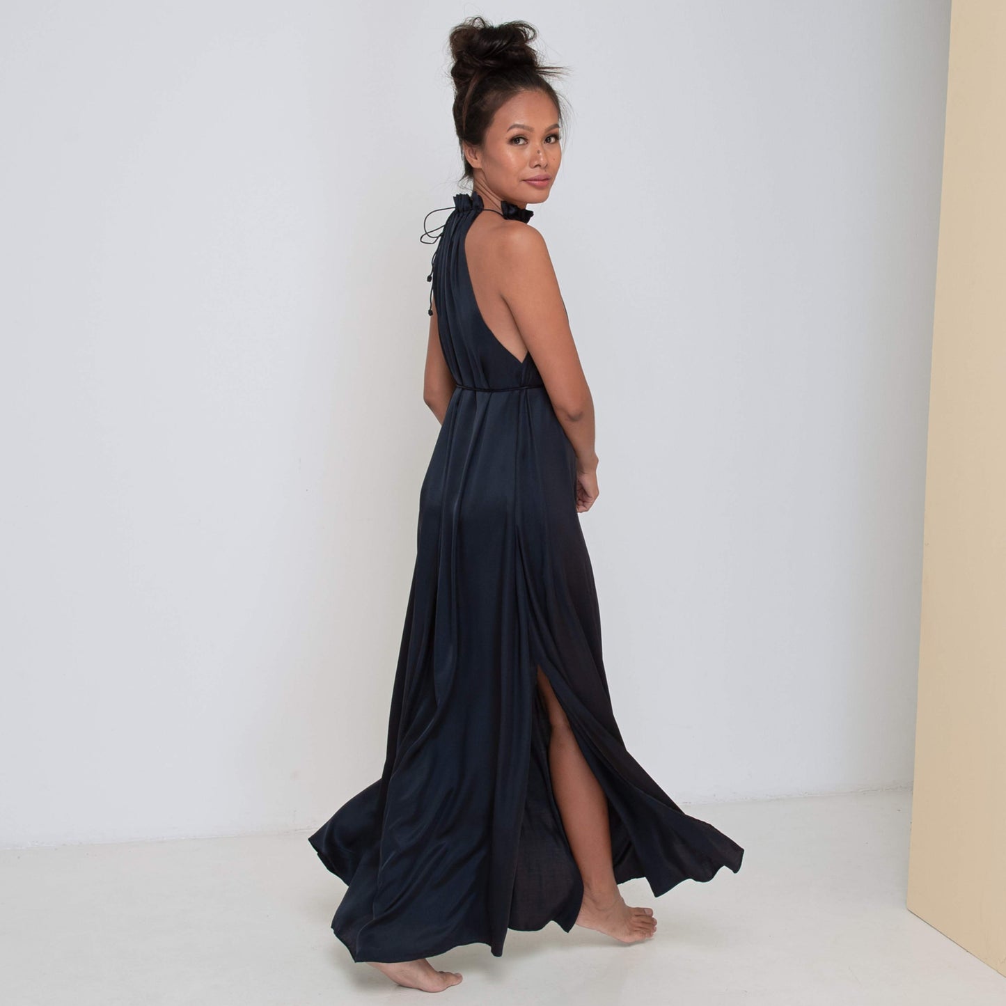 STREAM LONG HALTER DRESS - Rayon Viscose Satin | Midnight Blue