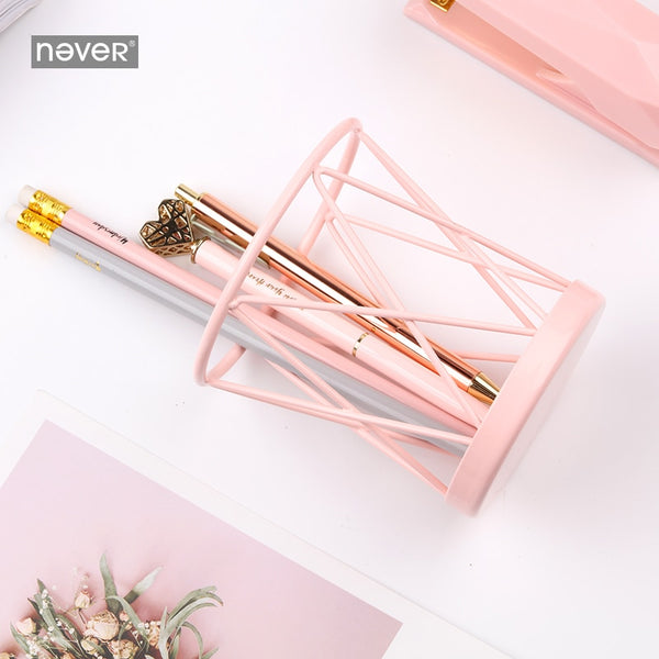 Never Macaron Pink Metal Pen Holder Pencil Cup Office Supplies