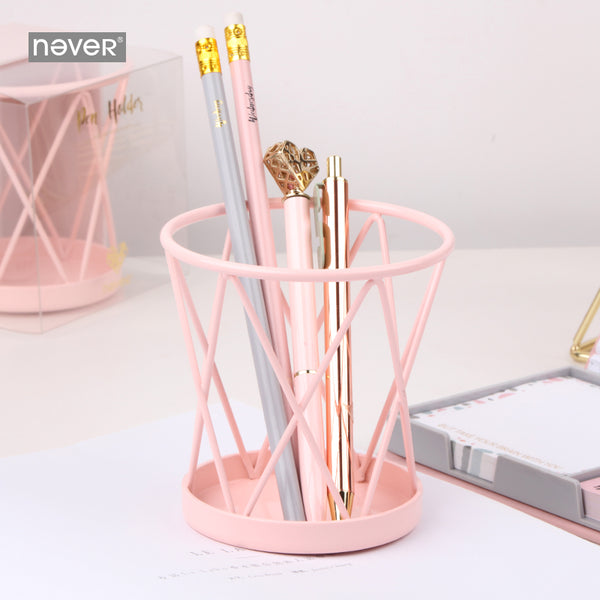 Never Macaron Pink Metal Pen Holder Pencil Cup Office Supplies