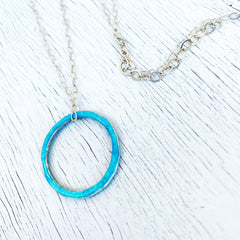 aqua open circle karma fine silver necklace with sterling silver chain