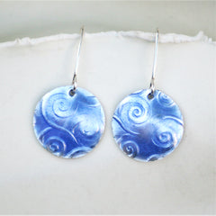 opal blue spiral texture silver earrings