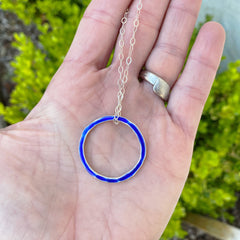 royal blue enamel fine silver open circle karma necklace on sterling silver chain