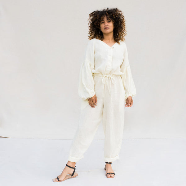 cream jumpsuit with sleeves