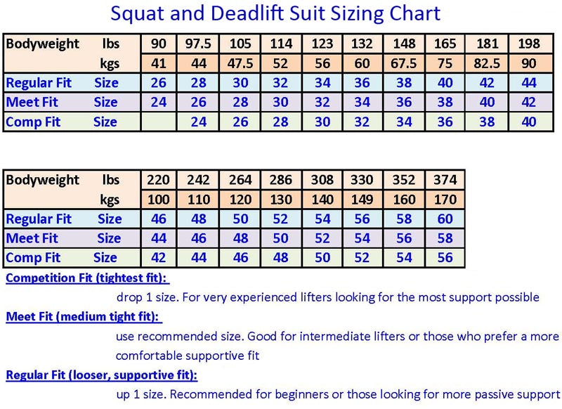 Squat Suit Size Chart