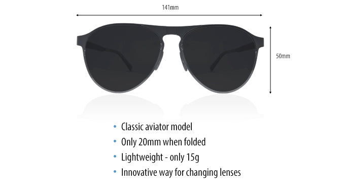 Specs for our foldable sunglasses aviator style named Scout