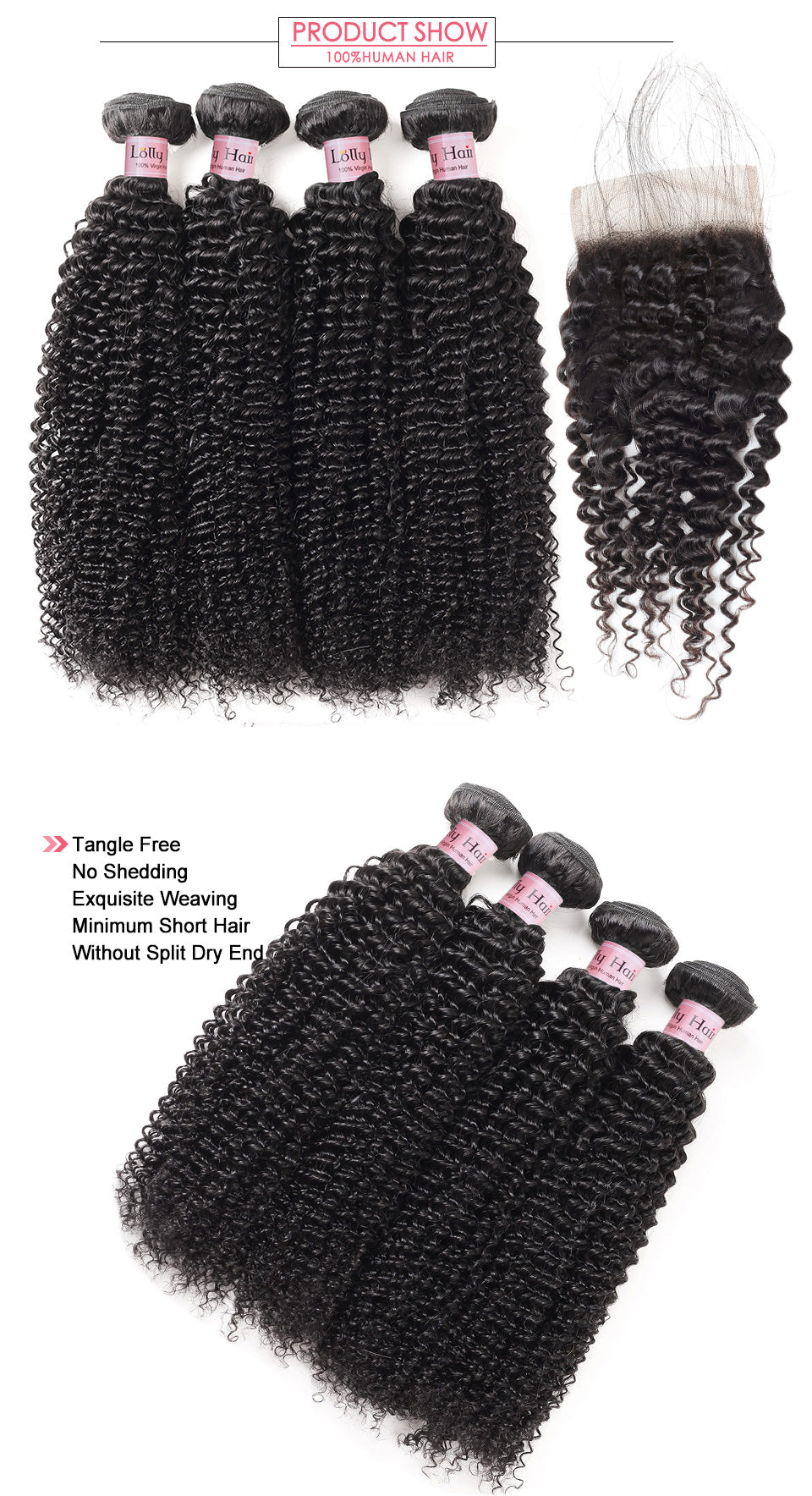 9A Peruvian Kinky Curly Hair 4 Bundles with Lace Closure Lolly Hair
