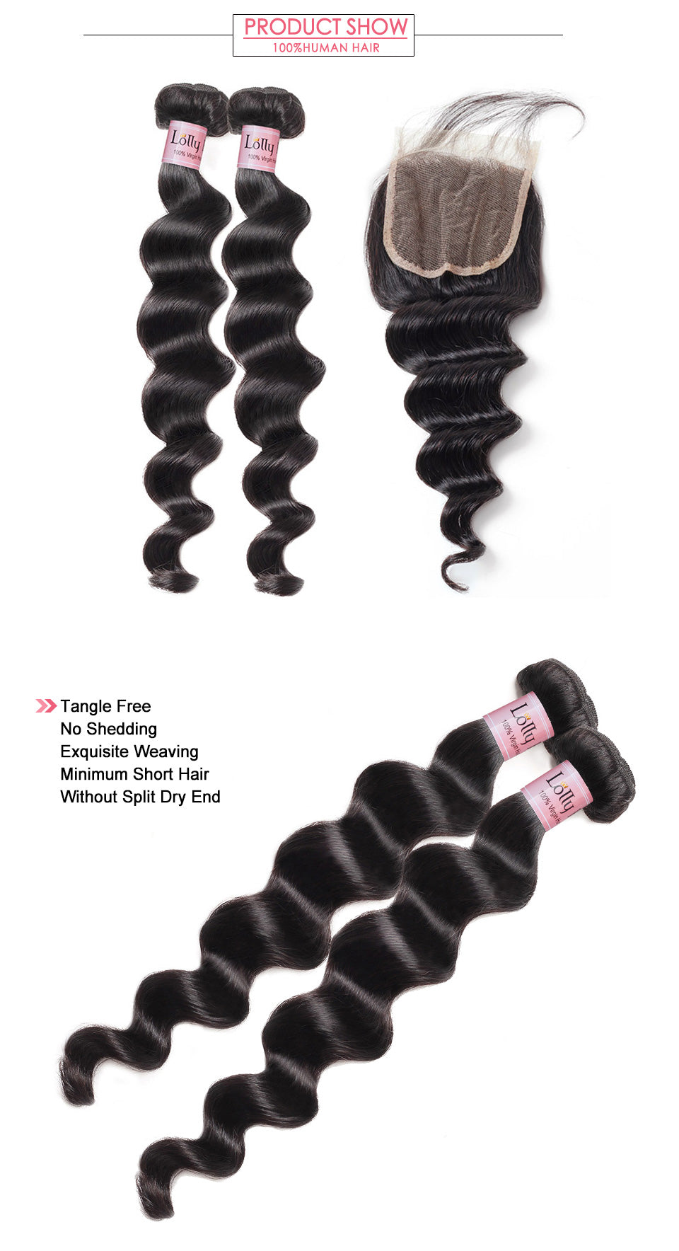 Grade 9A Brazilian Loose Deep Wave Hair 2 Bundles with 4x4 Lace Closure Lolly Hair