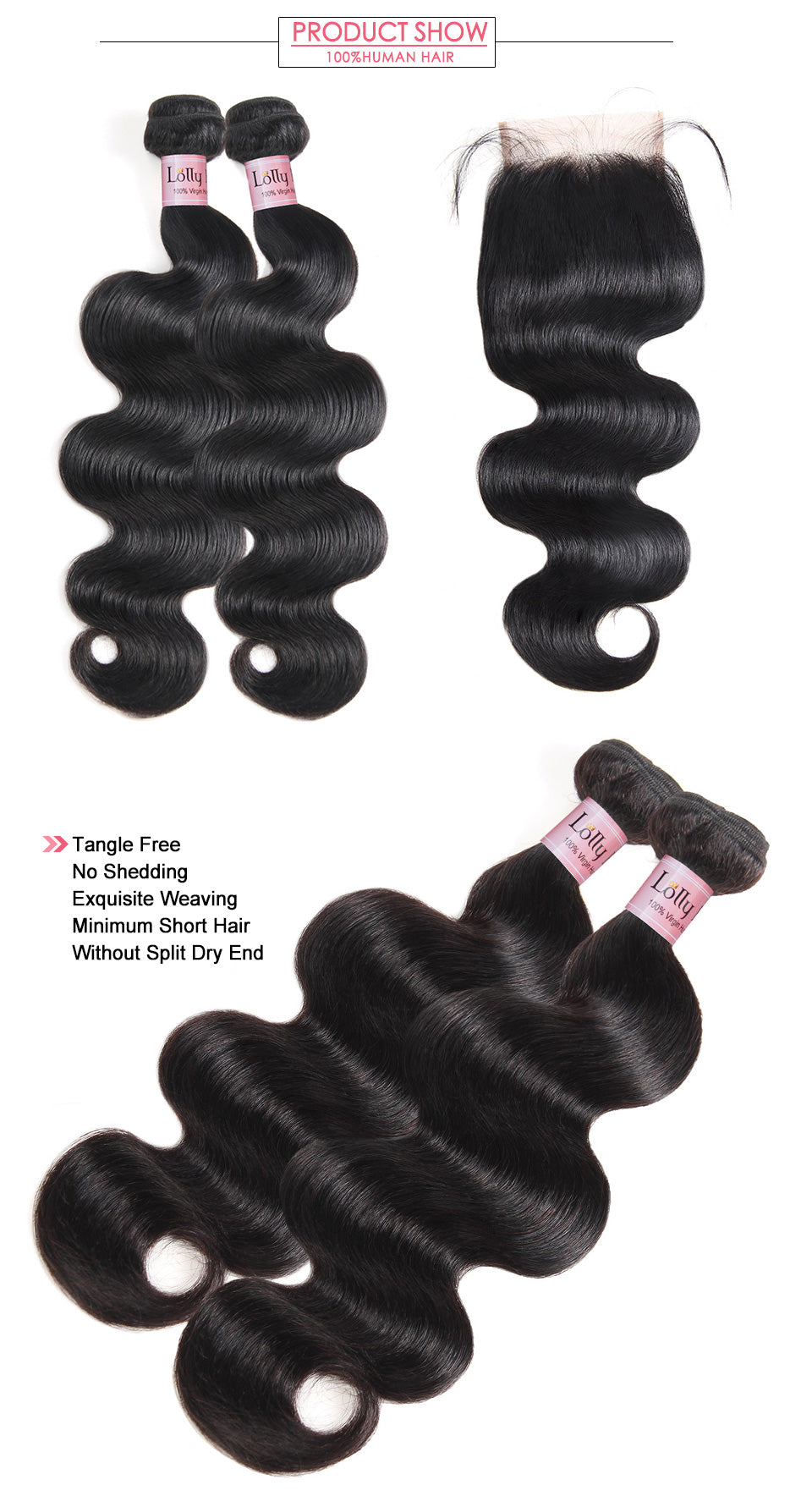 Lolly Hair 9A Peruvian Body Wave Hair 2 Bundles with 4x4 Lace Closure