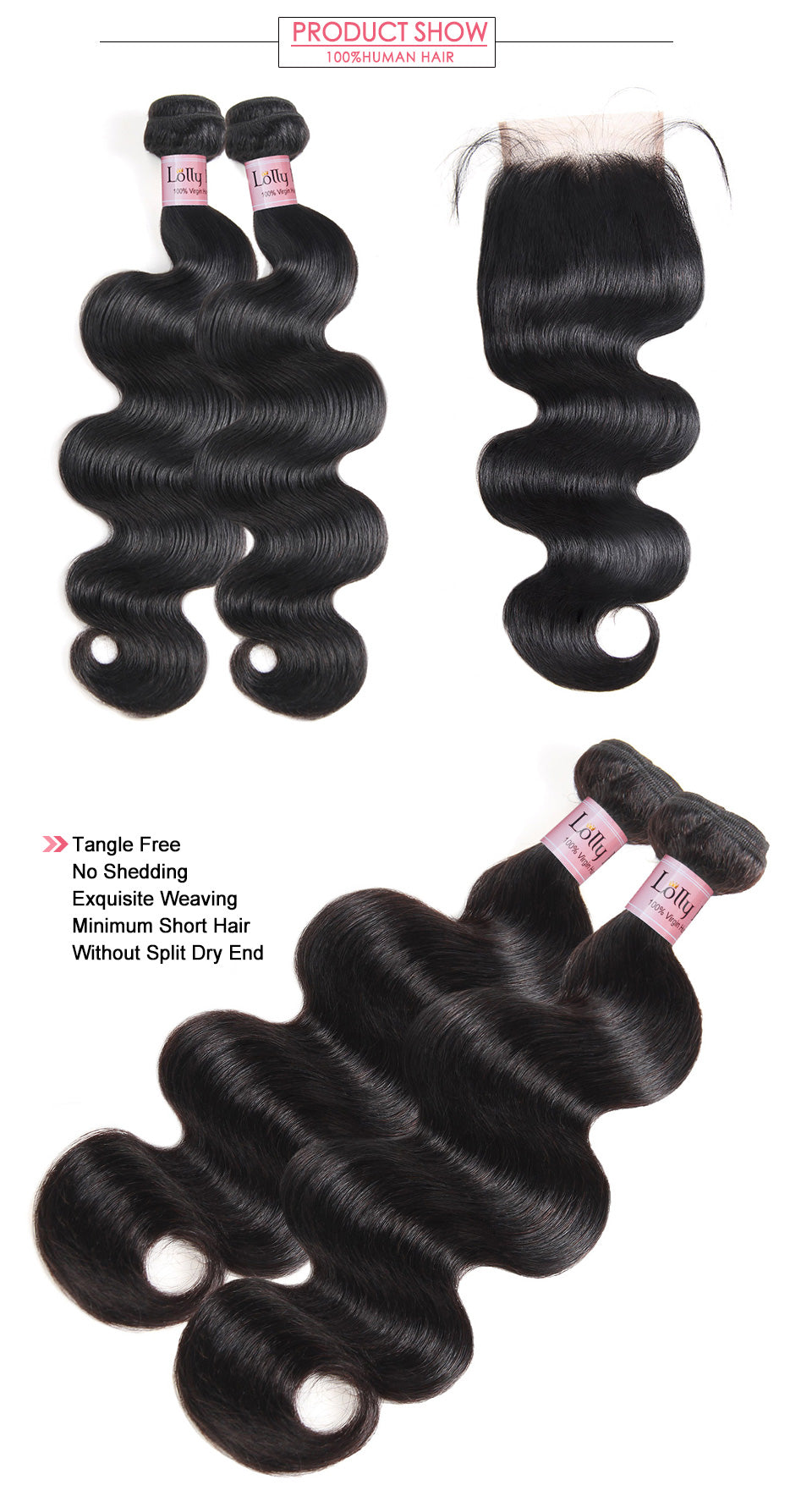 Lolly Hair 9A Malaysian Body Wave Hair 2 Bundles with 4x4 Lace Closure