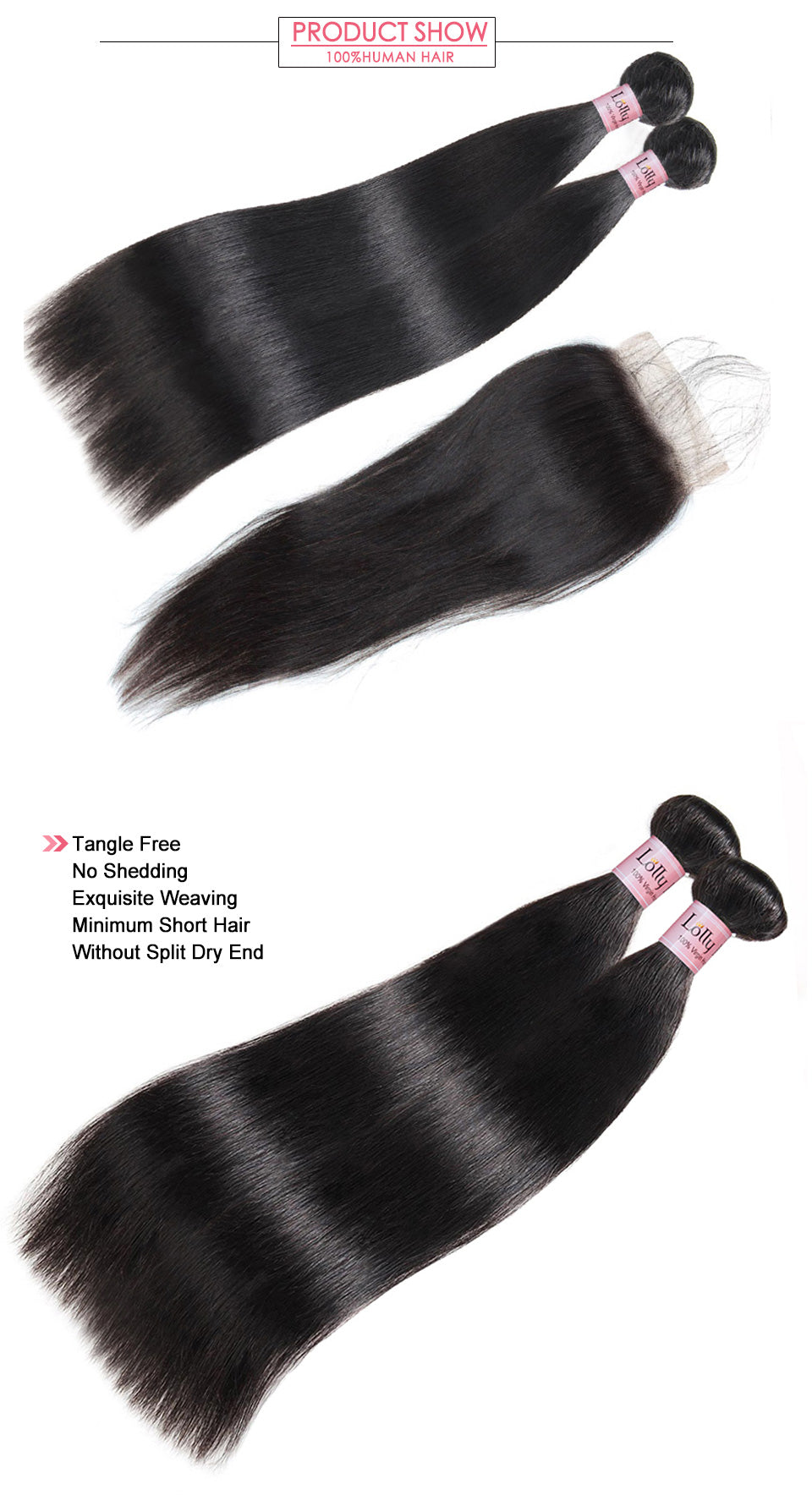 Lolly Virgin Peruvian Straight Hair 2 Bundles with 4x4 Lace Closure