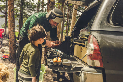 Father and Son Camping in Wool base layers