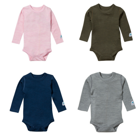 pink, green, blue and gray wool onesies