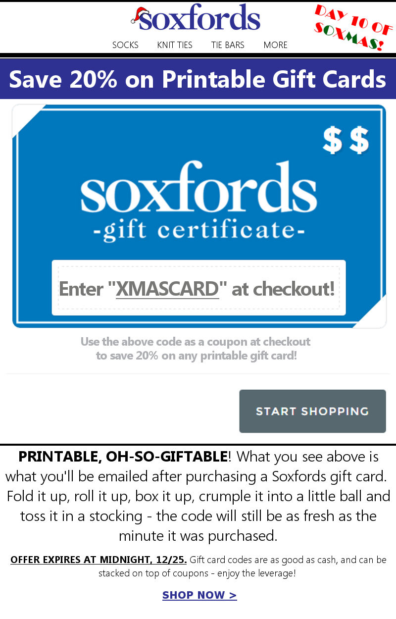 Save 20% on Soxfords' Gift Cards