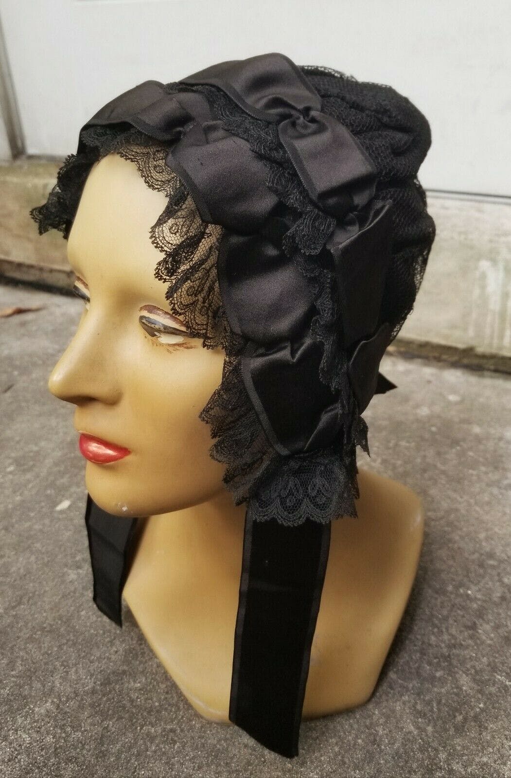Victorian Era Black Silk Chiffon and Straw Bonnet 1850-1900 Black Mourning Bonnet Antique Mourning Bonnet Civil War Era Widow\u2019s Hat ca