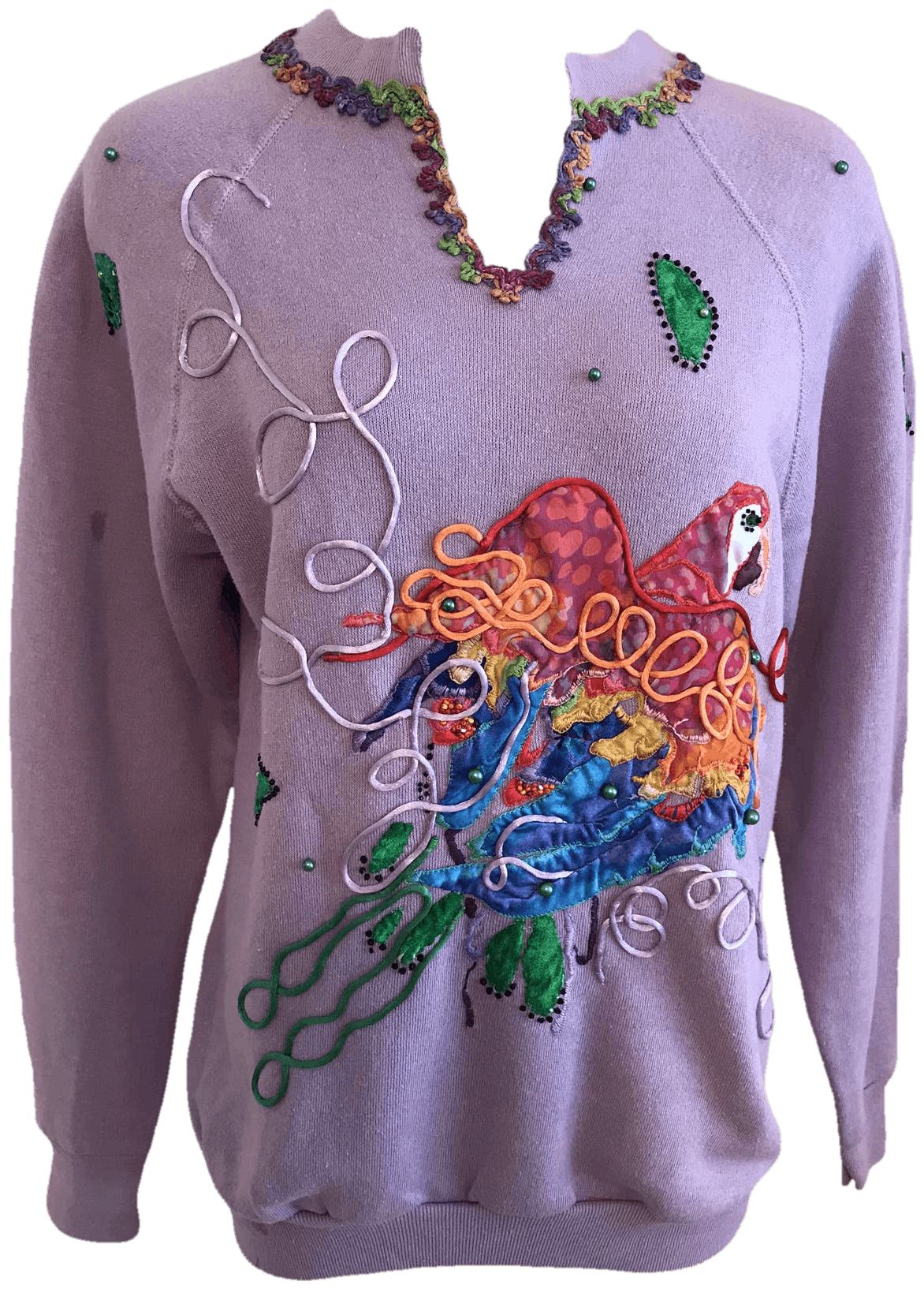 80’s Novelty Handmade Sweatshirt Embroidered Appliqued Parrot