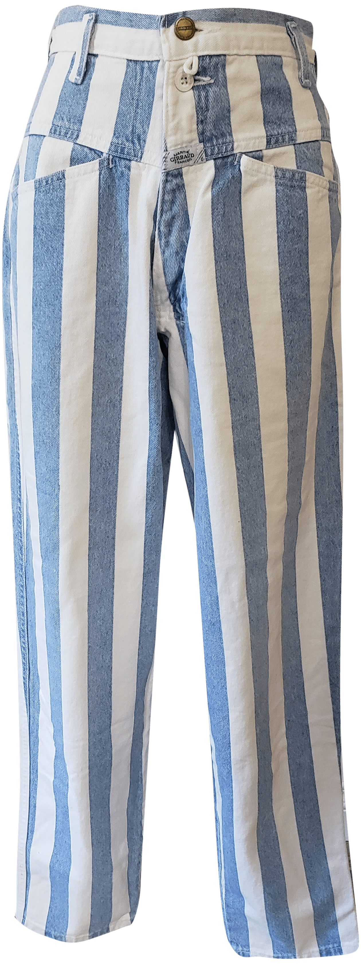 blue and white vertical striped pants