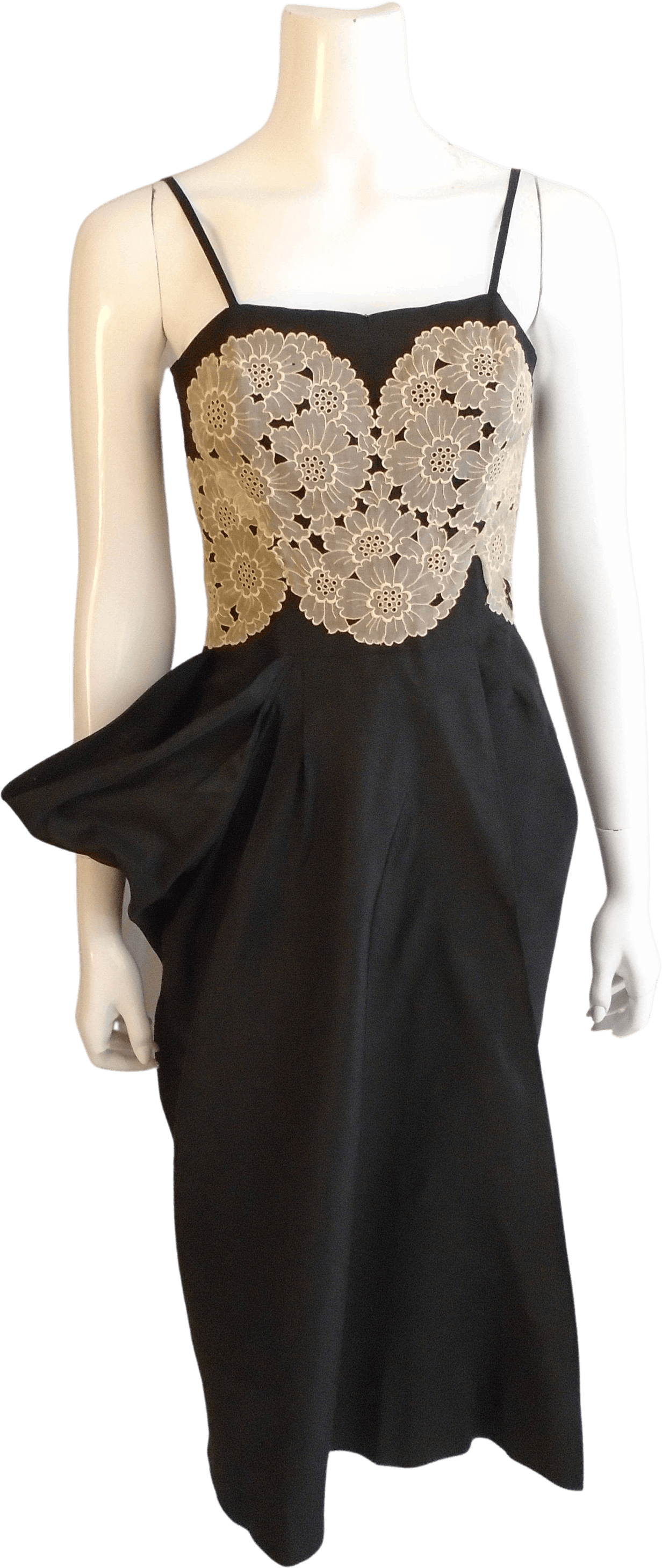 Vintage 50s Black Silk Spaghetti Strap Lace Appliqué Dress By Irene