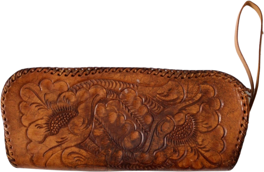 Vintage Tooled Tan Leather Purse With Black Whip Stitching