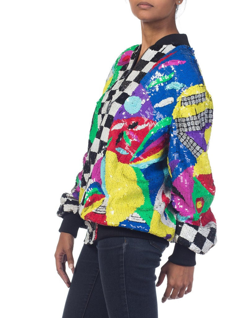 Vintage 80s Multicolor Sequin Abstract Bomber Jacket | Shop THRILLING