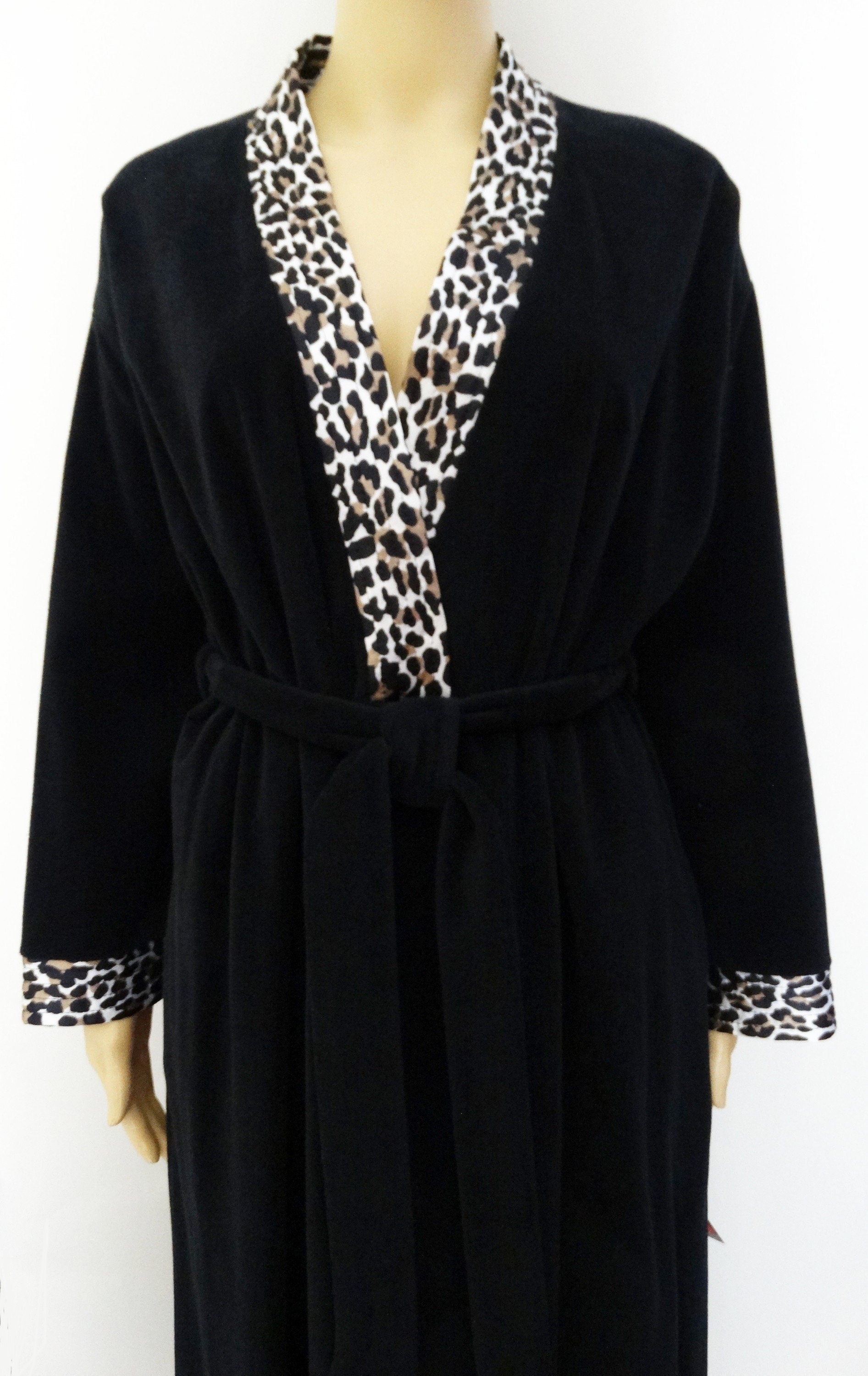 Black With Leopard Trim Dressing Gown Tags Attached Size Medium Vintage Vanity Fair Robe