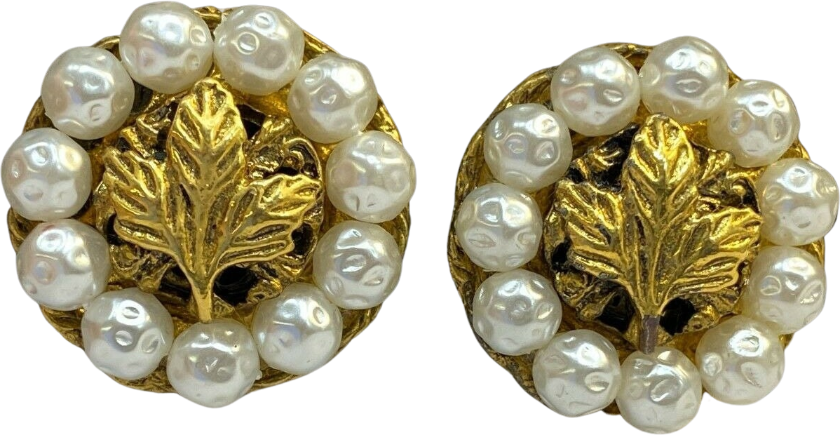 Vintage Signed Celebrity New York Earrings Gold Tone Faux Pearl Clip On Leaf Cluster Mid Century Baroque Gift for Her
