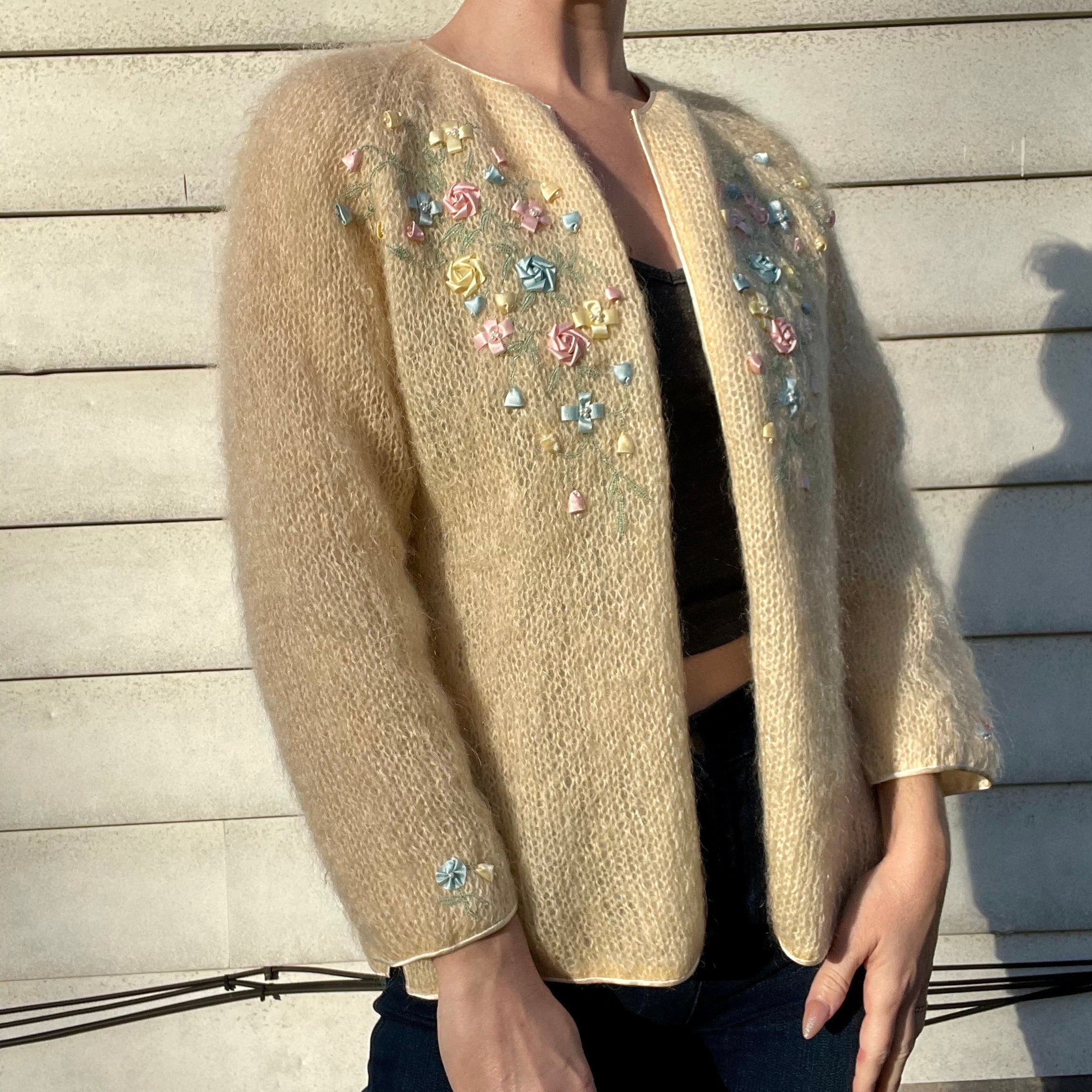 50s/60s Vintage Floral Beaded Cardigan | Mohair Wool Blend By Cyn Les |  Shop THRILLING