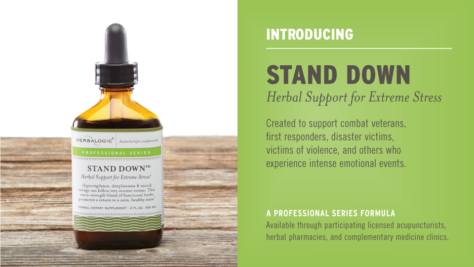 PTSD and extreme stress support is available as an herbal formula called Stand Down from Herbalogic.