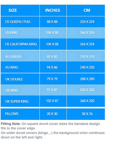 duvet cover size chart