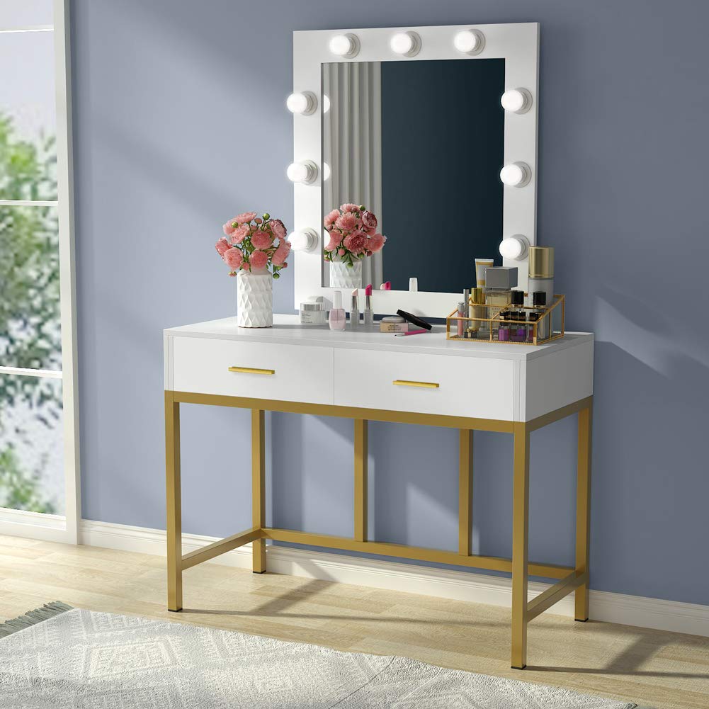 Vanity Table With Lighted Mirror With 9 Lights And 2 Drawers For Wome