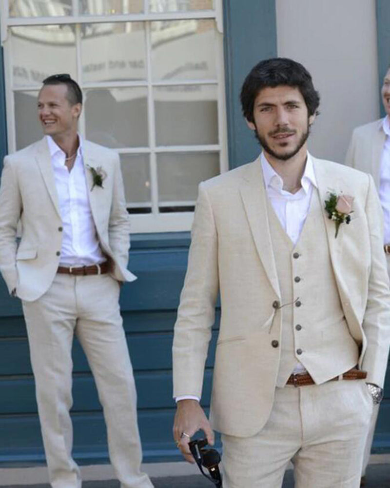Classyby Beach Wedding Suits Men Linen Groomsmen Tuxedo Marriage Three Pieces Jacket Pants Vest Cb263