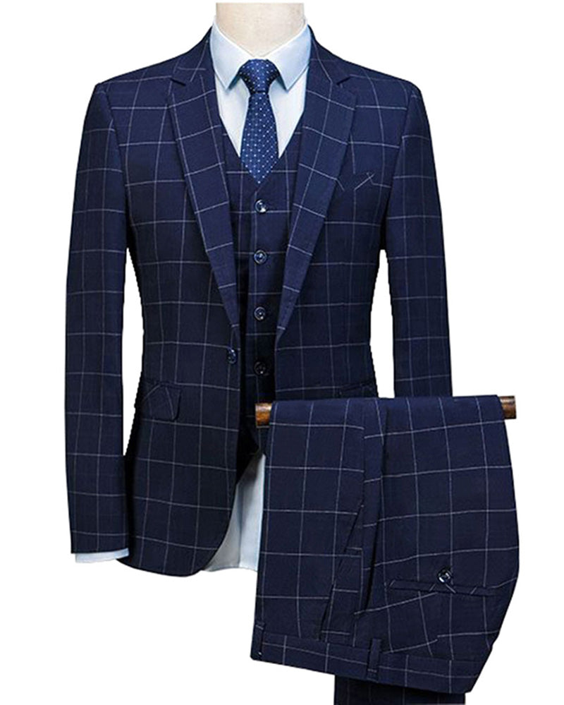 Rey & Aires Plaid Slim Fit 3 Piece Wedding Tuxedos One Button Formal Suits For Men 