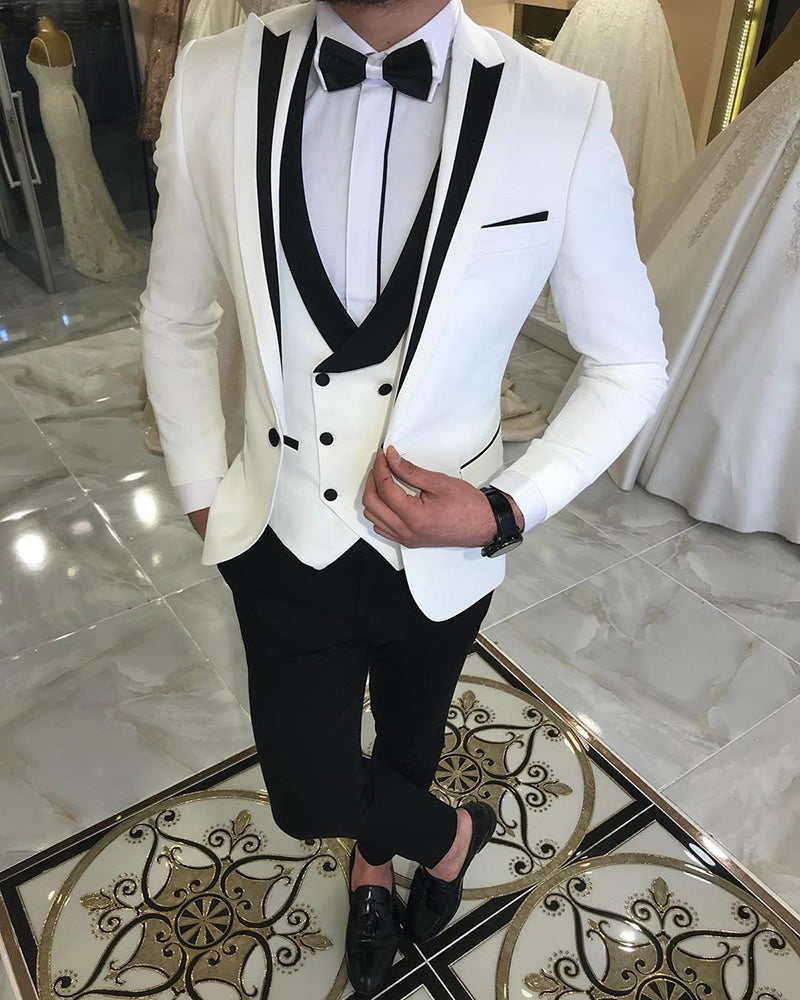 3 Pieces Slim Fit Black Peak Lapel Men Wedding Suits White Tuxedos For Classbydress