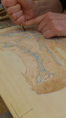 Close up of hands cutting Japanese Woodblock with Hangi-to - Laura Boswell