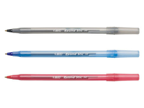 black, blue, and red BIC Stic ballpoint pens