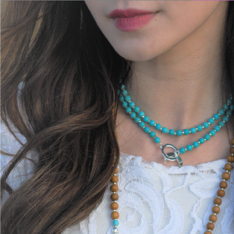 women with turquoise bead limitless customizable meditation necklace double wrapped style