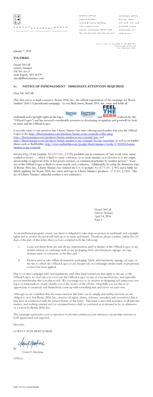 Notice of Infringement Bernie 2016, Inc.