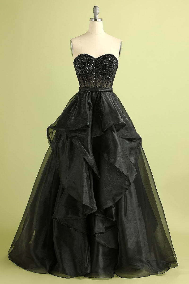 strapless black evening gown