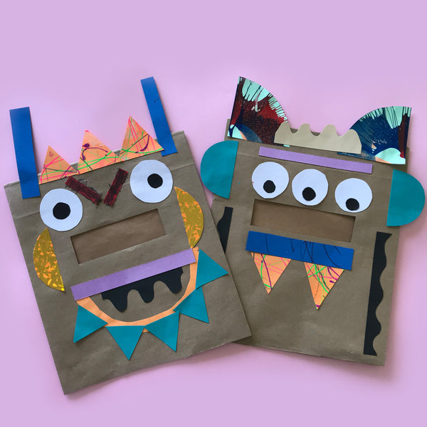 Paper bag monster or robot masks kids craft activity