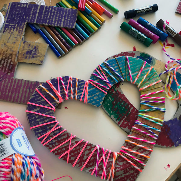 Kids crafts yarn wrapped letters and hearts