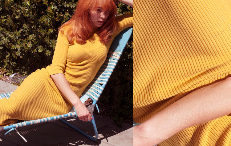 Redhead Melbourne Illustrator Kelly Thompson wearing Lonely yellow ribbed dress