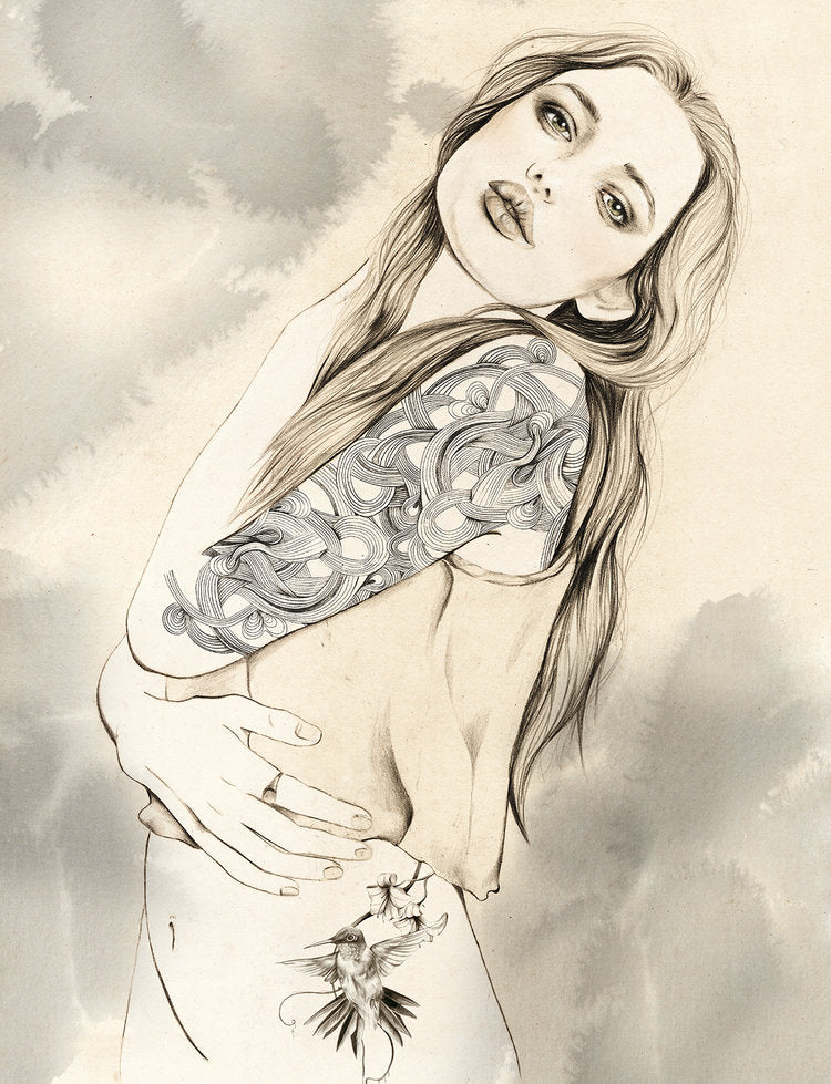 Pencil illustration girl with tattoo sleeve by Melbourne based illustrator Kelly Thompson 