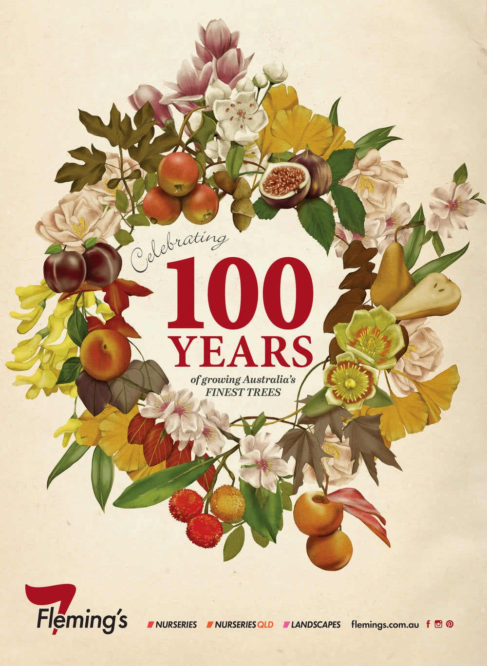Fleming's Nursery 100 Year Anniversary wreath botanical illustration advertising by Melbourne based illustrator Kelly Thompson