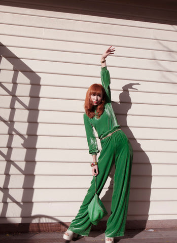 Red head Melbourne Illustrator Kelly Thompson wearing Kate Sylvester Velvet