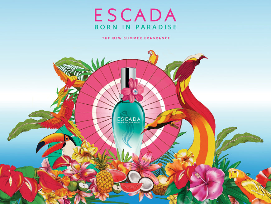 Melbourne beauty illustrator Kelly Thompson packaging illustration for Escada Paris Born in Paradise