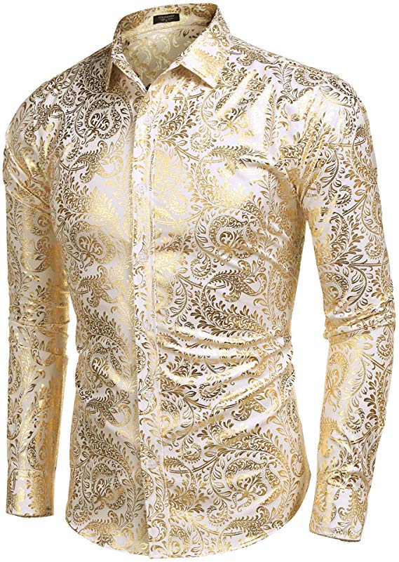 Shenglila Mens Paisley Luxury Shirt Golden Floral Long Sleeve Button Down Shirts