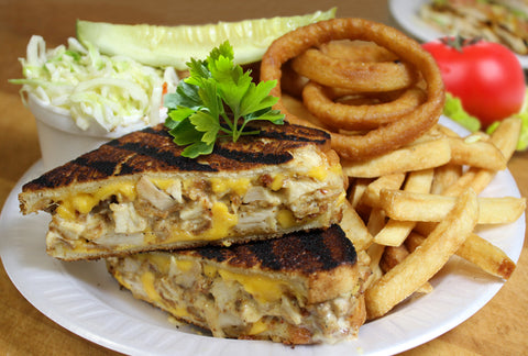the island sandwich with fries and onion rings