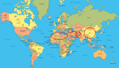 Planisphère du monde avec les région ou le tapis kilim est fabriqué 